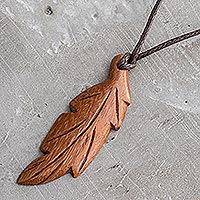 Wood pendant necklace, 'Madrecacao Free Feather' - Madrecacao Wood Feather Pendant Necklace from Costa Rica