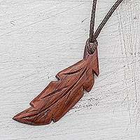 Wood pendant necklace, 'Estoraque Free Feather' - Estoraque Wood Feather Pendant Necklace from Costa Rica