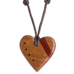 Wood pendant necklace, 'Madrecacao Heart Stripe' - Madrecacao and Estoraque Heart Necklace from Costa Rica