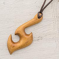 Wood pendant necklace, 'Guayabo Fish Hook' - Stylized Guayabo Wood Pendant Necklace from Costa Rica