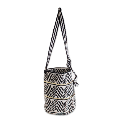 Cotton bucket bag, 'Sparkling Geometry' - Black White Crocheted Shoulder Bag with Sequins