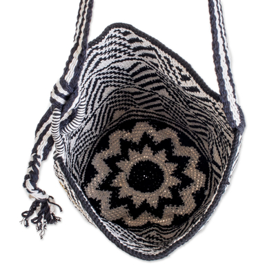Cotton bucket bag, 'Sparkling Geometry' - Black White Crocheted Shoulder Bag with Sequins