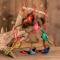 Ceramic ornaments, 'Flight of Love' (set of 6) - Hand-Painted Ceramic Bird Ornaments (Set of 6)