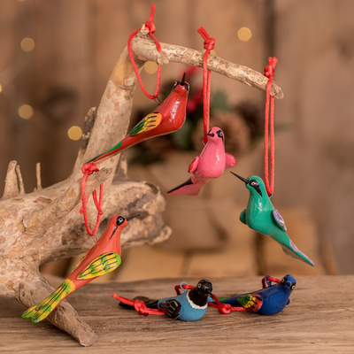Ceramic ornaments, 'Flight of Love' (set of 6) - Hand-Painted Ceramic Bird Ornaments (Set of 6)