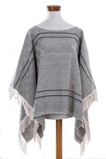 Cotton poncho, 'Geometric Evening' - Geometric Cotton Poncho in Black and Eggshell