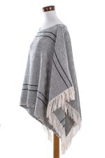 Cotton poncho, 'Geometric Evening' - Geometric Cotton Poncho in Black and Eggshell