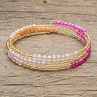 Crystal and glass beaded wrap bracelet, 'Rosy Glitter'