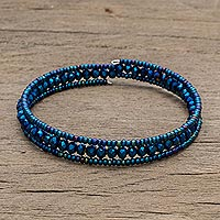 Crystal and glass beaded wrap bracelet, 'Glamorous Moon' - Crystal and Glass Beaded Wrap Bracelet in Blue