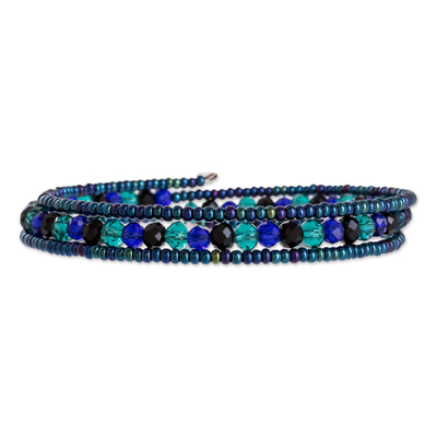 Blue Crystal and Glass Beaded Wrap Bracelet from Guatemala
