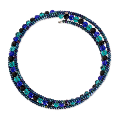 Crystal and glass beaded wrap bracelet, 'Glamorous Lakes' - Blue Crystal and Glass Beaded Wrap Bracelet from Guatemala