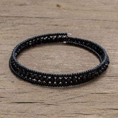 Crystal and glass beaded wrap bracelet, 'Night of Glamour' - Black Crystal and Glass Beaded Wrap Bracelet from Guatemala