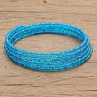 Glass beaded wrap bracelet, 'Lake Brilliance' - Blue Glass Beaded Wrap Bracelet from Guatemala