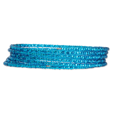 Glass beaded wrap bracelet, 'Lake Brilliance' - Blue Glass Beaded Wrap Bracelet from Guatemala