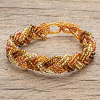 Glass beaded wristband bracelet, 'Earthen Weave' - Glass Beaded Wristband Bracelet in Brown from Guatemala