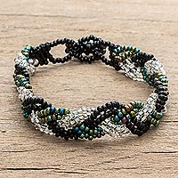 Glass beaded wristband bracelet, 'Braids of Harmony' - Multi-Tone Glass Beaded Wristband Bracelet from Guatemala