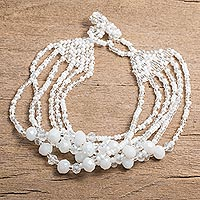 Crystal and glass beaded strand bracelet, 'Nocturnal Brilliance in White' - Crystal and Glass Beaded Strand Bracelet in White