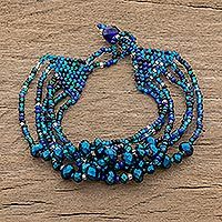 Pulsera de hilo con cuentas de cristal y vidrio, 'Nocturnal Brilliance in Blue' - Pulsera de hilo con cuentas de cristal y vidrio en azul