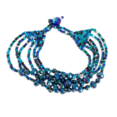 Crystal and glass beaded strand bracelet, 'Nocturnal Brilliance in Blue' - Crystal and Glass Beaded Strand Bracelet in Blue