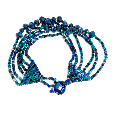 Crystal and glass beaded strand bracelet, 'Nocturnal Brilliance in Blue' - Crystal and Glass Beaded Strand Bracelet in Blue