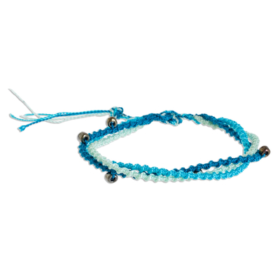 Glass beaded macrame bracelet, 'Lakes of Atitlan' - Blue Glass Beaded Strand Bracelet from Guatemala