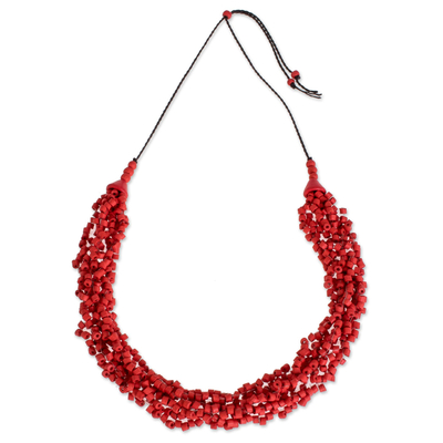 Red Ceramic Beaded Pendant on Black Adjustable Cord Necklace