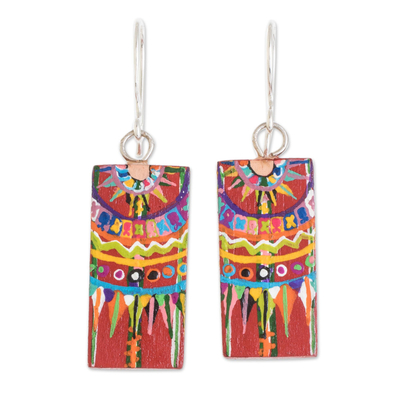 Wood dangle earrings, 'Patzun Marvels' - Hand-Painted Cedar Wood Dangle Earrings from Guatemala