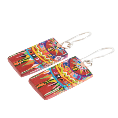 Wood dangle earrings, 'Patzun Marvels' - Hand-Painted Cedar Wood Dangle Earrings from Guatemala