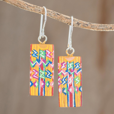 Wood dangle earrings, 'Tecpan Marvels' - Huipil-Inspired Wood Dangle Earrings from Guatemala