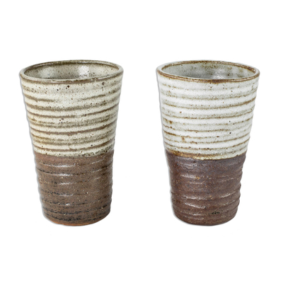 Ceramic mugs, 'Cocoa and Cream' (pair) - Earthy Brown and Cream Handmade Ceramic Mugs (Pair)