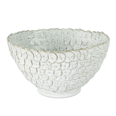 Ceramic serving bowl, 'White Scales' - Unique White Serving Bowl from Honduras