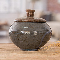Ceramic sugar bowl, 'Sweet Enchantment' - Blue and Brown Handmade Ceramic Sugar Bowl