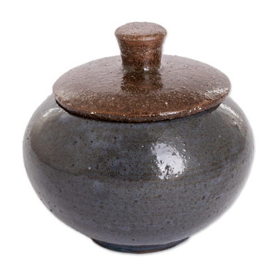 Ceramic sugar bowl, 'Sweet Enchantment' - Blue and Brown Handmade Ceramic Sugar Bowl