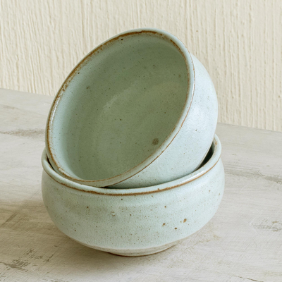 Cuencos de cerámica, 'Verdant Earth' (pareja) - Cuencos de cerámica hechos a mano color menta (par)