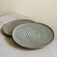 Ceramic luncheon plates, 'Healthy Appetite' (pair) - Hand Crafted Green Ceramic Lunch Plates (Pair)