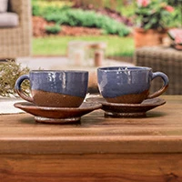 Ceramic cups and saucers, 'Earthy Appeal' (pair) - Blue and Brown Ceramic Cups and Saucers (Pair)