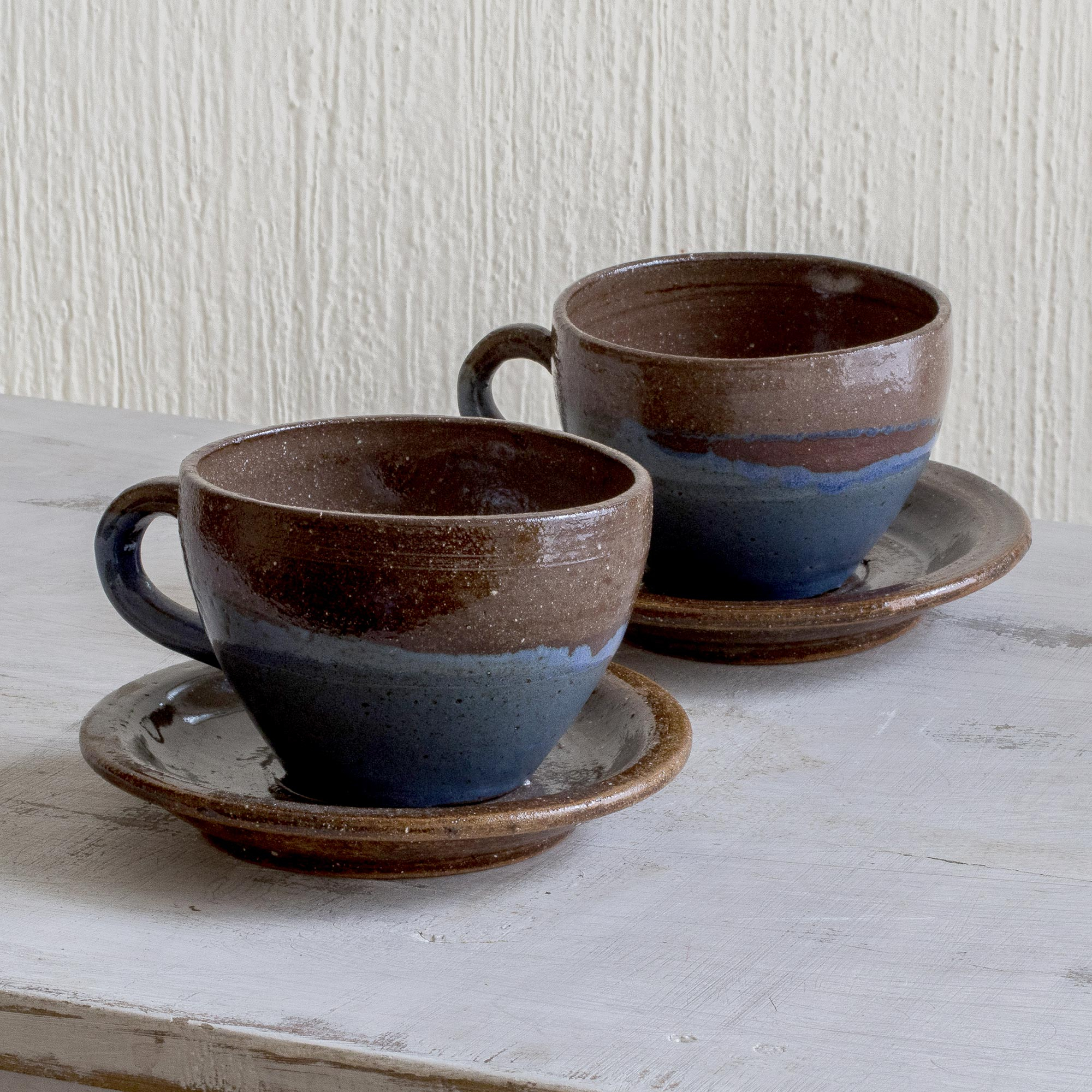 Blue and Brown Ceramic Cups and Saucers (Pair) - Earthy Appeal | NOVICA