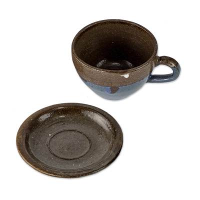 Ceramic cups and saucers, 'Earthy Appeal' (pair) - Blue and Brown Ceramic Cups and Saucers (Pair)