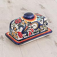 Ceramic butter dish, 'Vibrant Garden' - Handcrafted Talavera-Style Butter Dish
