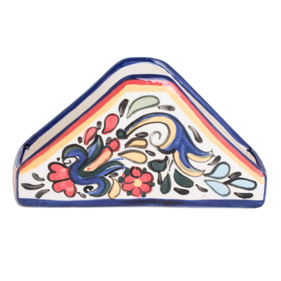 Ceramic napkin holder, 'Vibrant Garden' - Talavera-Style Ceramic Napkin Holder Crafted in El Salvador