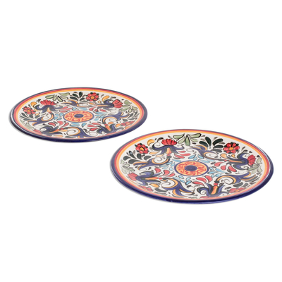 Ceramic plates, 'Vibrant Garden' (pair) - Talavera-Style Ceramic Plates from El Salvador (Pair)
