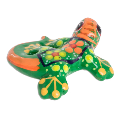 Ceramic figurine, 'Gecko of the Garden in Lime' - Hand-Painted Light Green Floral Motif Gecko Figurine