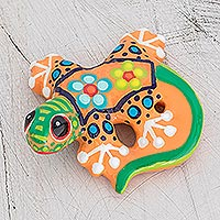 Figura de cerámica, 'Gecko del Jardín en Naranja' - Figura Gecko con Motivo Floral Naranja Pintada a Mano