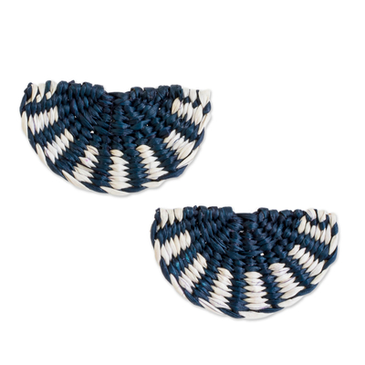 Half-Circle Natural Fiber Button Earrings in Blue