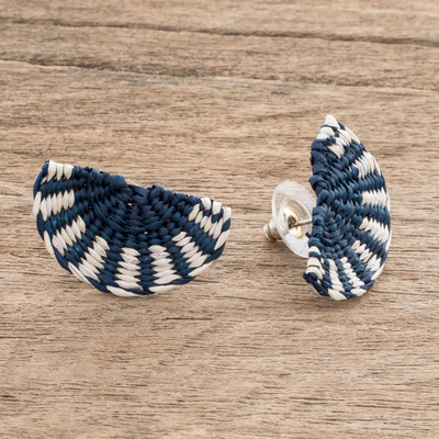 Natural fiber button earrings, 'Sweet Citrus in Blue' - Half-Circle Natural Fiber Button Earrings in Blue