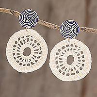 Natural fiber dangle earrings, 'Nature Spirals in Blue' - Spiral Motif Natural Fiber Earrings with Blue Accents