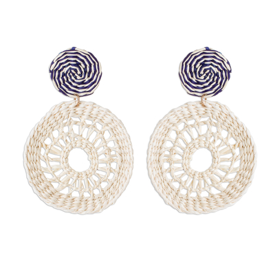 Spiral Motif Natural Fiber Earrings with Blue Accents