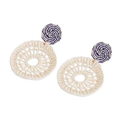 Natural fiber dangle earrings, 'Nature Spirals in Blue' - Spiral Motif Natural Fiber Earrings with Blue Accents