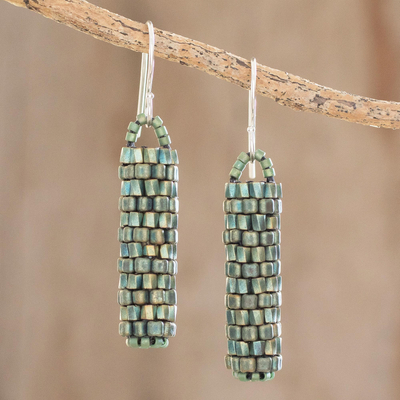 Glass beaded dangle earrings, 'Shining Pillars' - Gleaming Green Glass Beaded Dangle Earrings from El Salvador