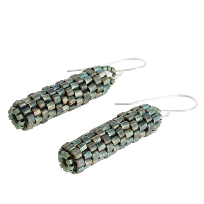 Glass beaded dangle earrings, 'Shining Pillars' - Gleaming Green Glass Beaded Dangle Earrings from El Salvador