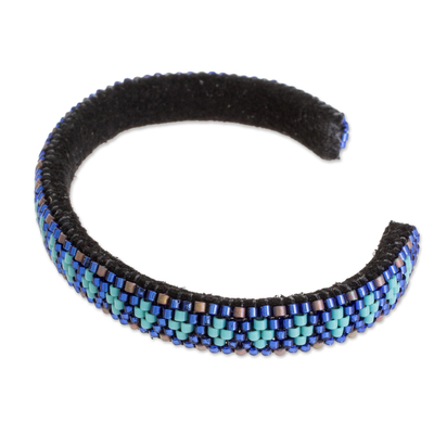 Glass beaded cuff bracelet, 'Lake Colors' - Blue Glass Beaded Cuff Bracelet from El Salvador